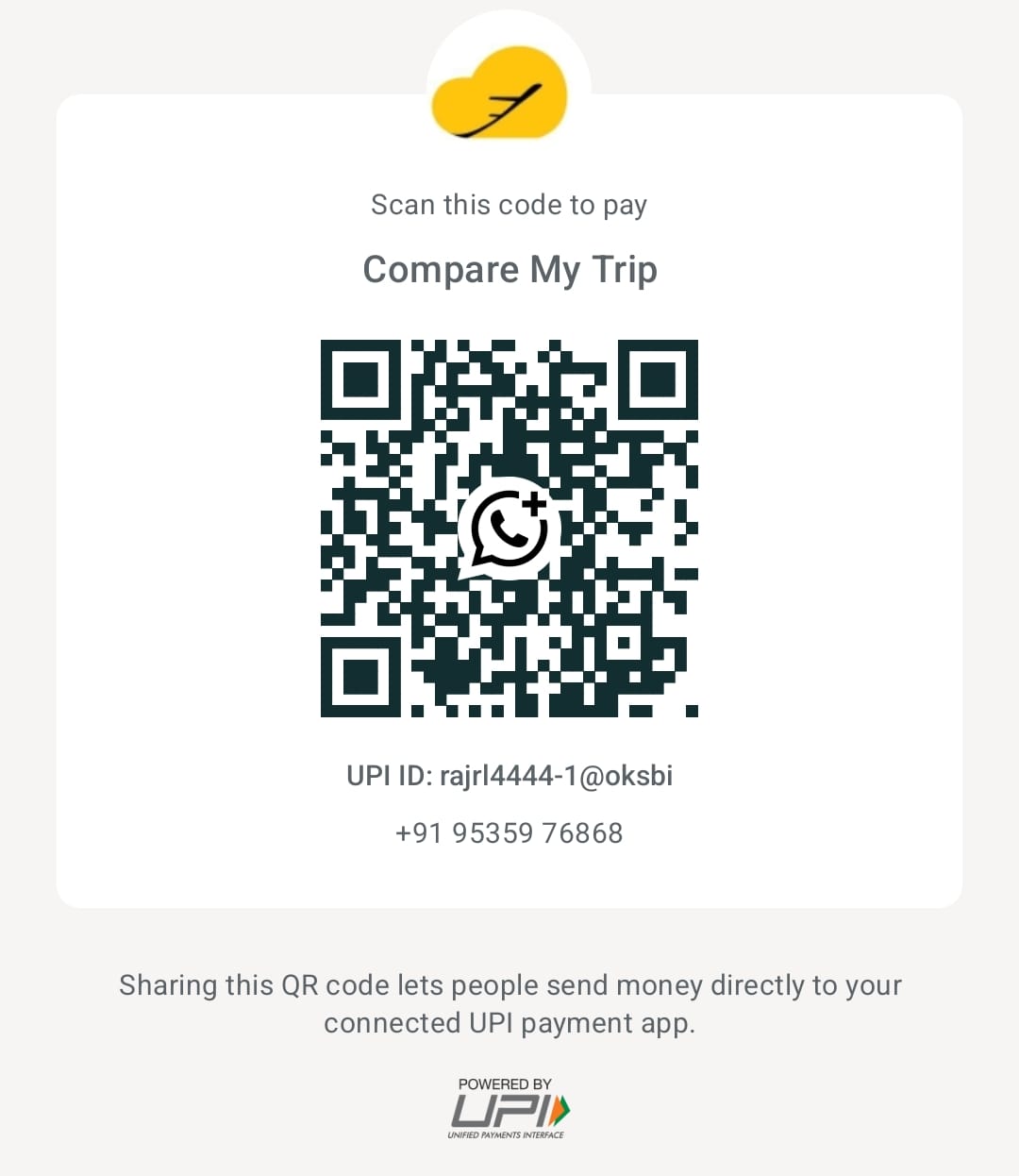 Compare My Trip payment QR code. UPI ID: rajrl4444-1@oksbi.