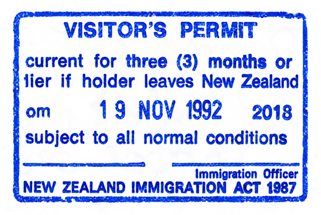 Passport stamp entry permit, Auckland, New Zealand, 1992